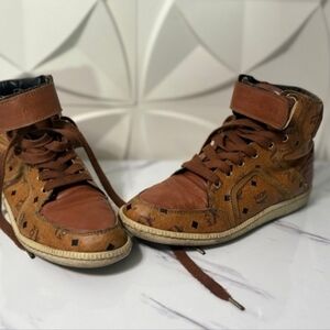 MCM by Michalsky High Top Leather Sneakers Monogram Cognac Brown Women's Size 7